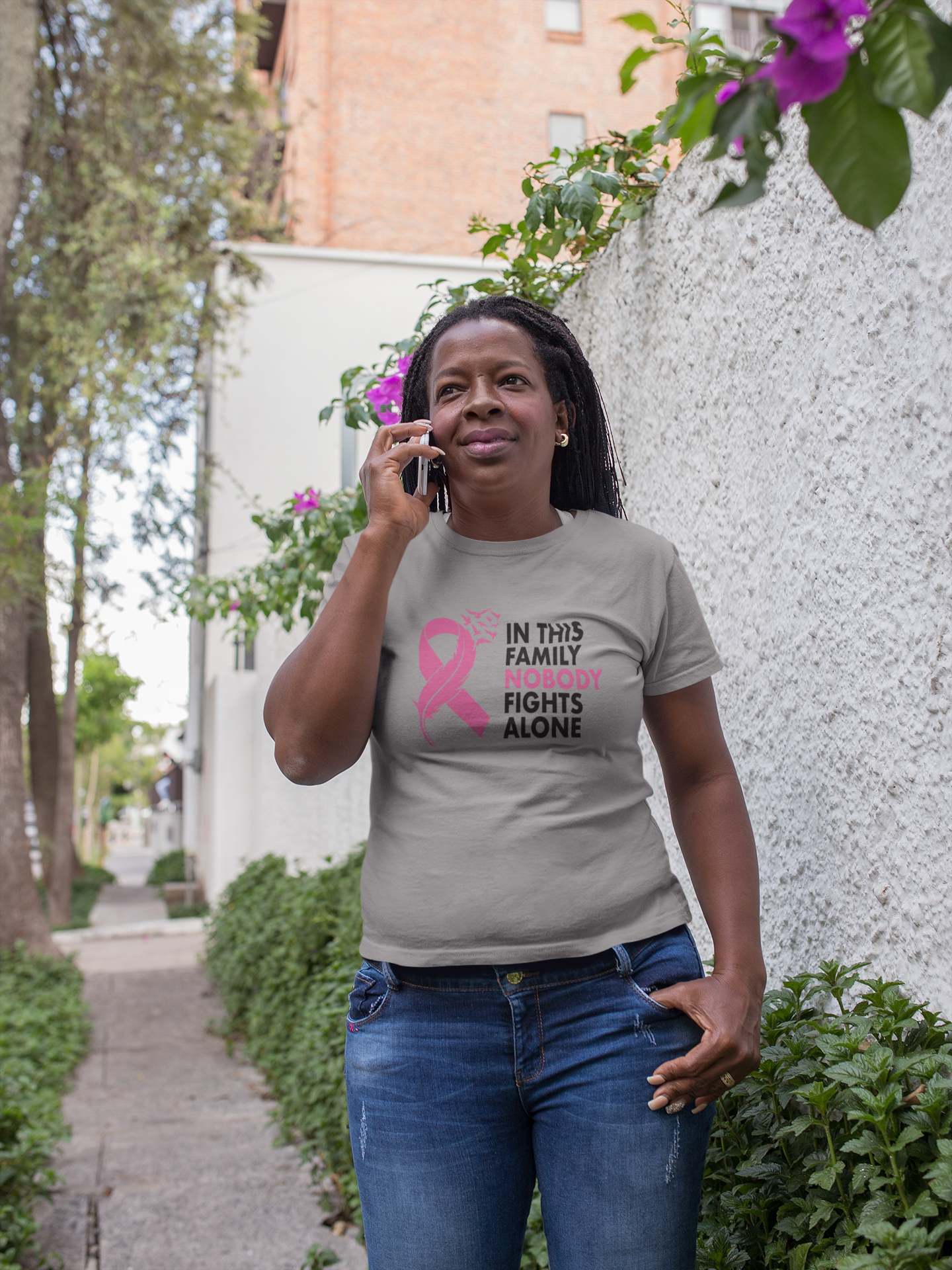 Awareness - In This Family Nobody Fights Alone (Breast Cancer Awareness) - T-Shirt - 550strong