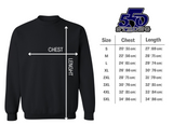 a black sweatshirt with the measurements for the chest and chest length